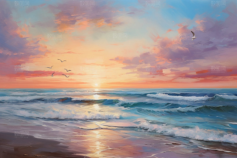 海边油画唯美细腻素材