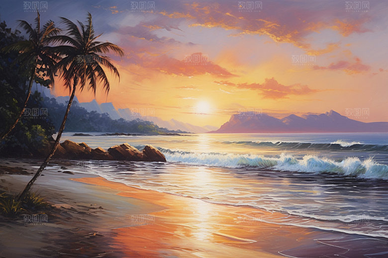 海边油画高清涂抹素材
