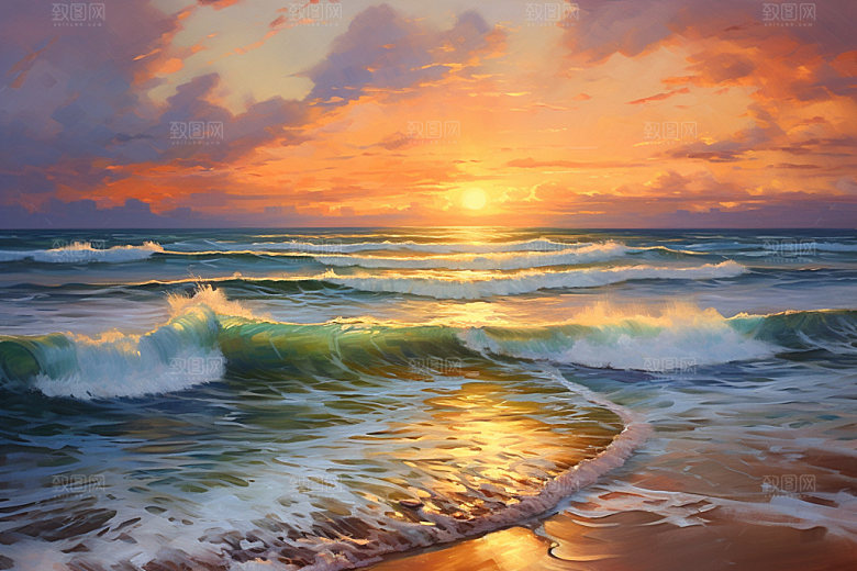 海边油画涂抹唯美素材