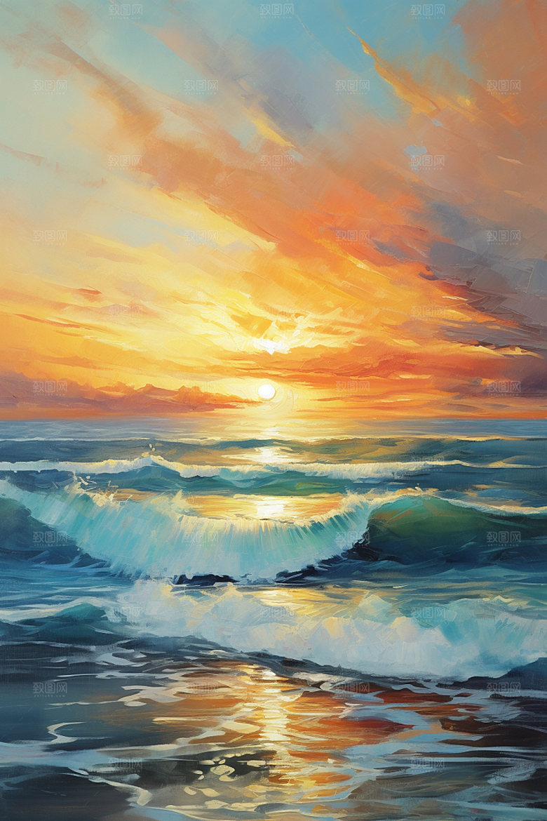 海边油画质感海滩素材