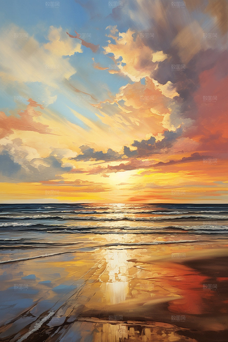 海边油画海滩细腻素材