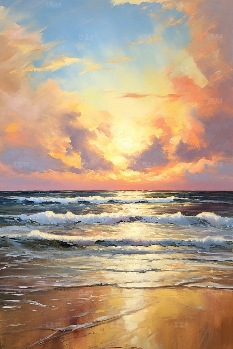 海边油画海滩涂抹素材