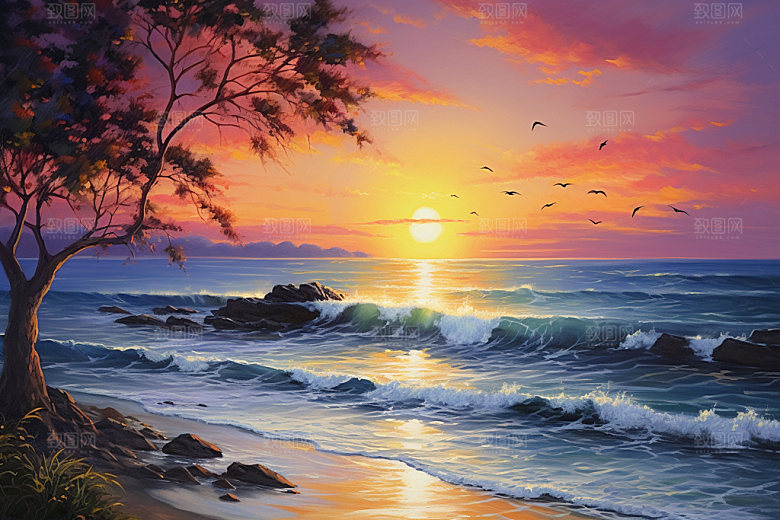 海边油画质感海岸素材
