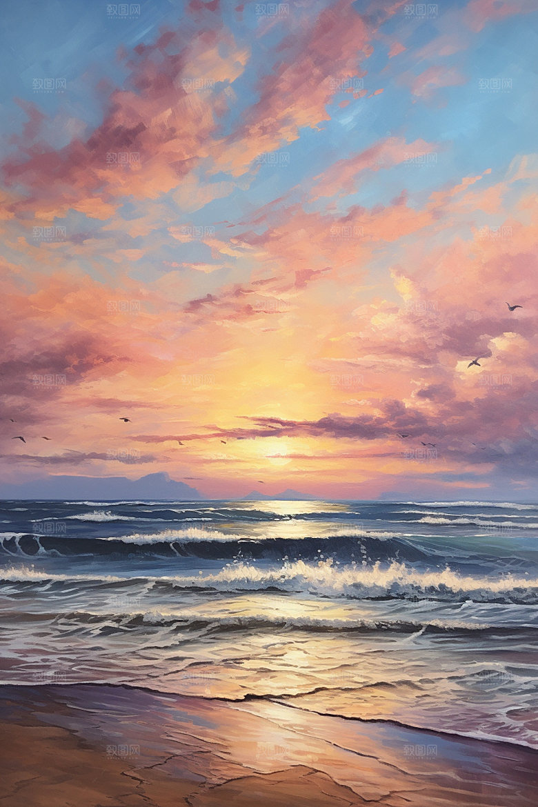 海边油画唯美海岸素材