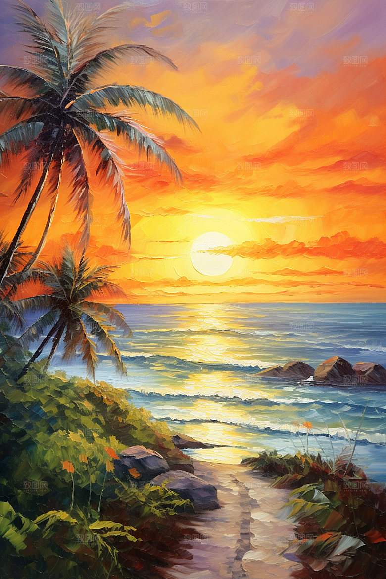 海边油画海滩海岸素材