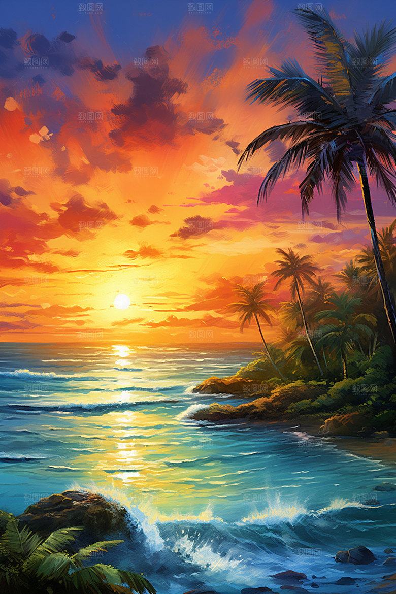 海边油画唯美高清素材
