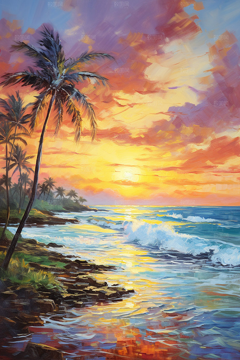 海边油画海滩细腻素材