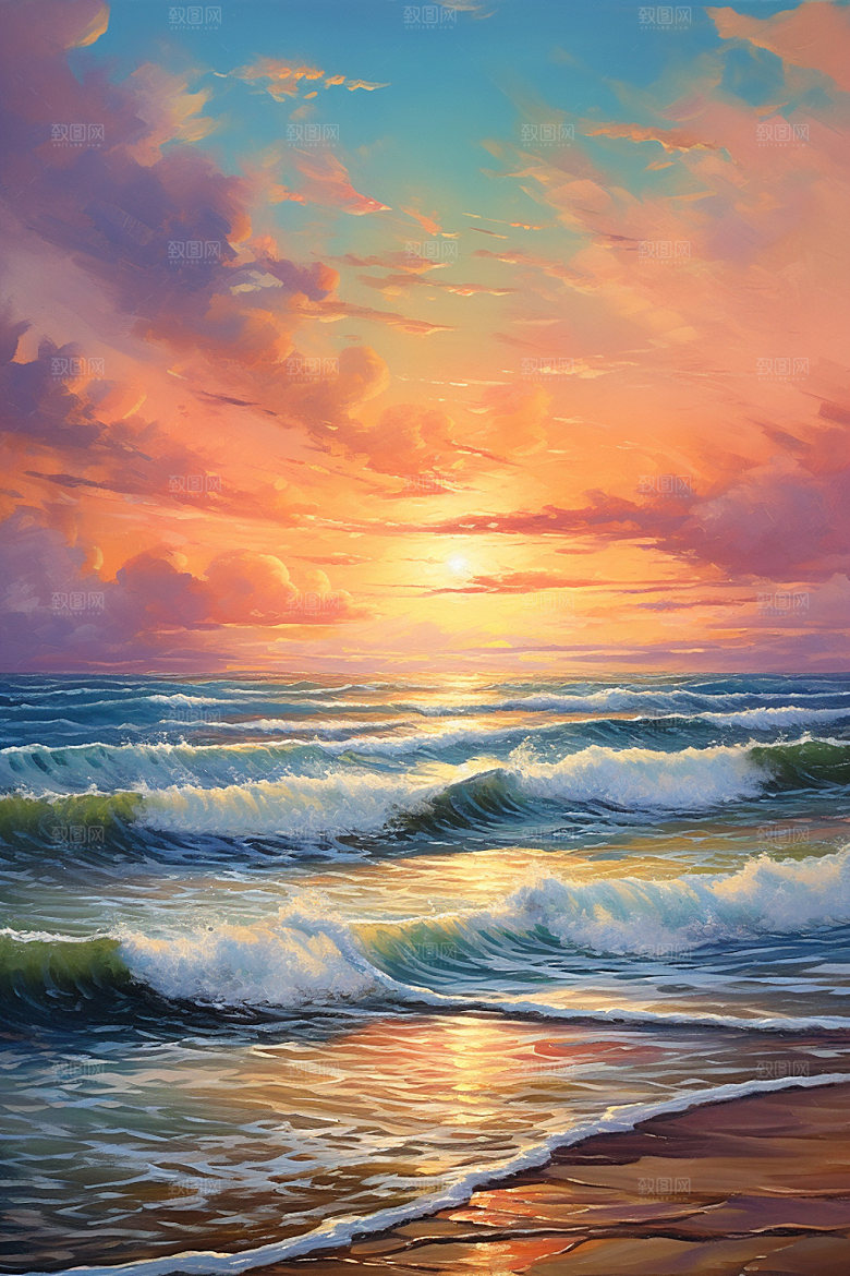海边油画海滩高清素材