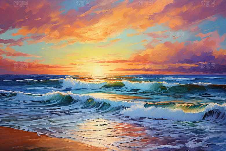 海边油画海岸唯美素材