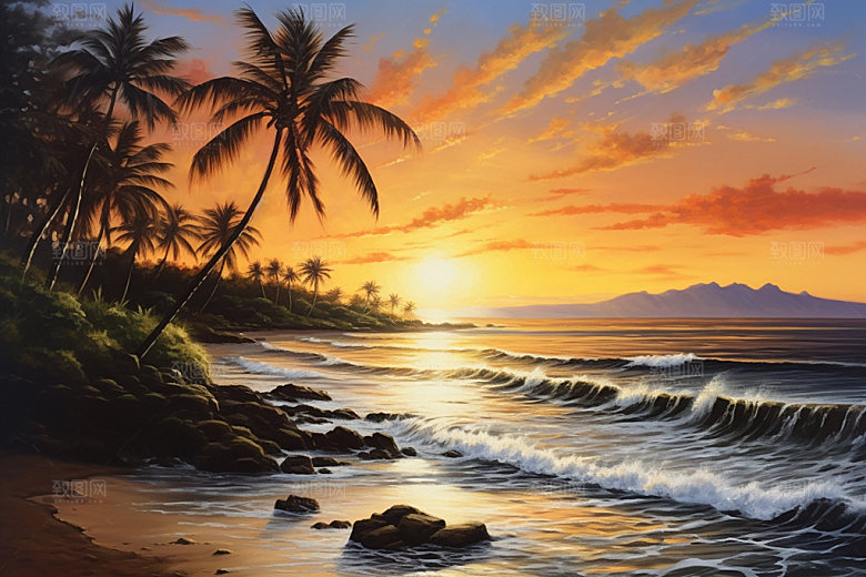 海边油画海滩高清素材