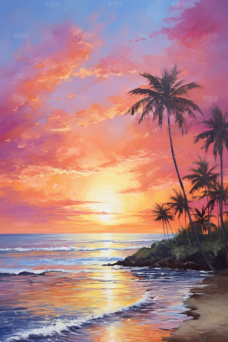 海边油画高清海滩素材