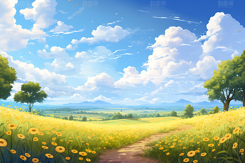 油画风夏天花海风光插画
