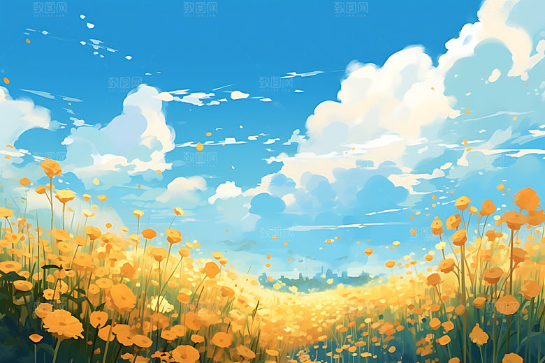 油画风夏天原野乡间插画