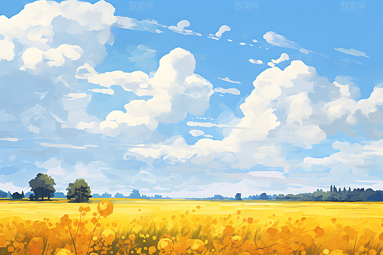 油画风夏天风景手绘插画
