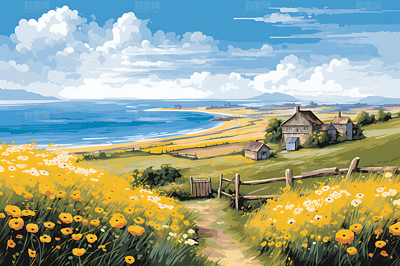 油画风夏天花海风光插画