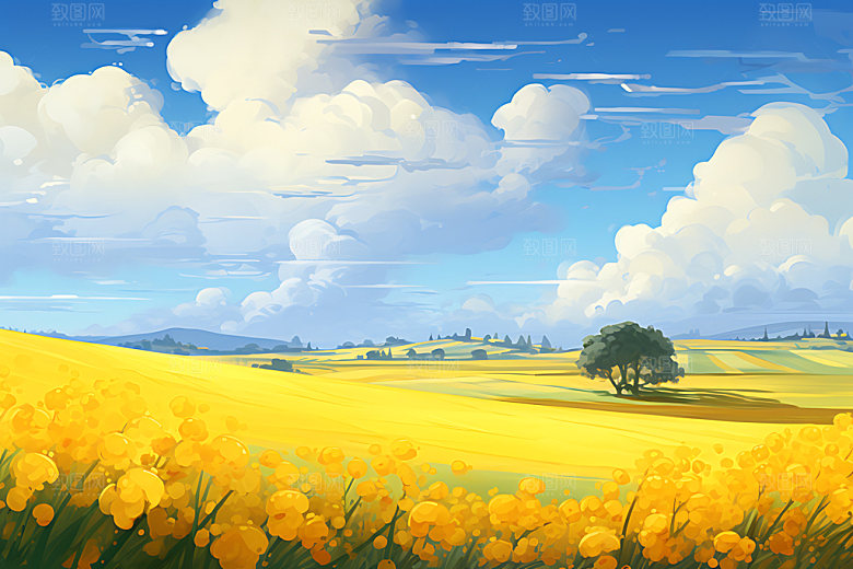 油画风夏天手绘乡间插画