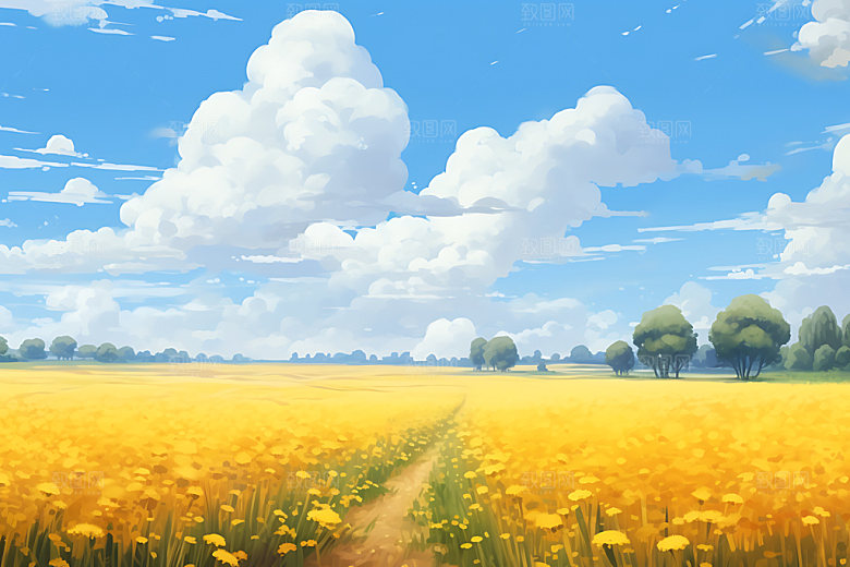 油画风夏天清新风光插画