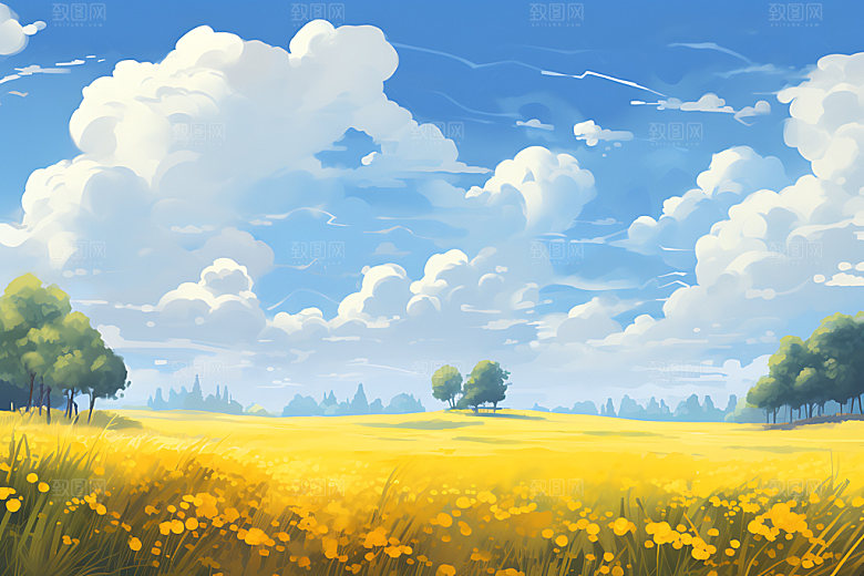 油画风夏天乡间花海插画