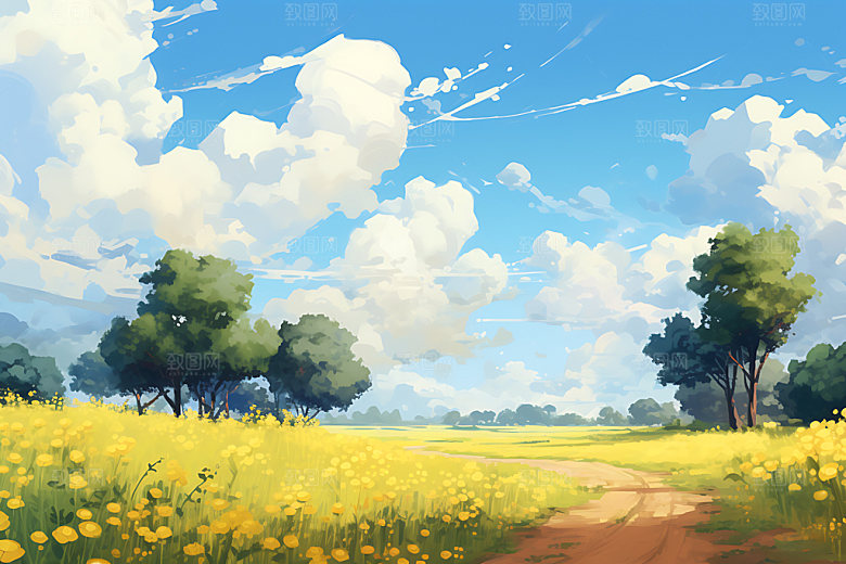 油画风夏天风景手绘插画