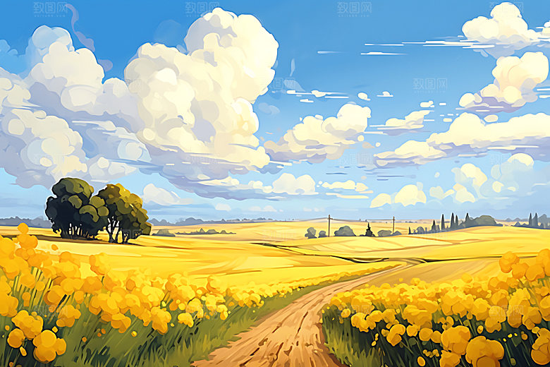 油画风夏天风景花海插画