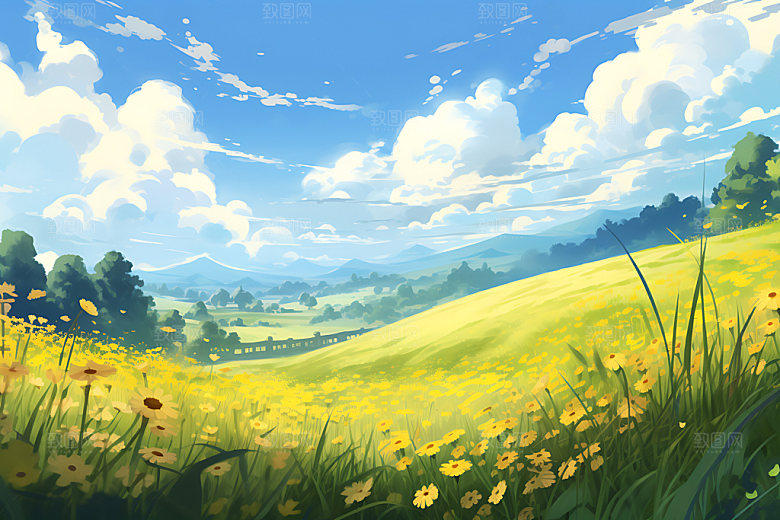 油画风夏天原野手绘插画