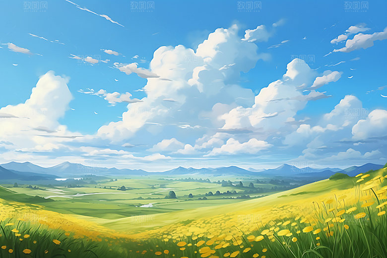 油画风夏天风景乡间插画