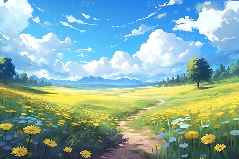 油画风夏天手绘乡间插画