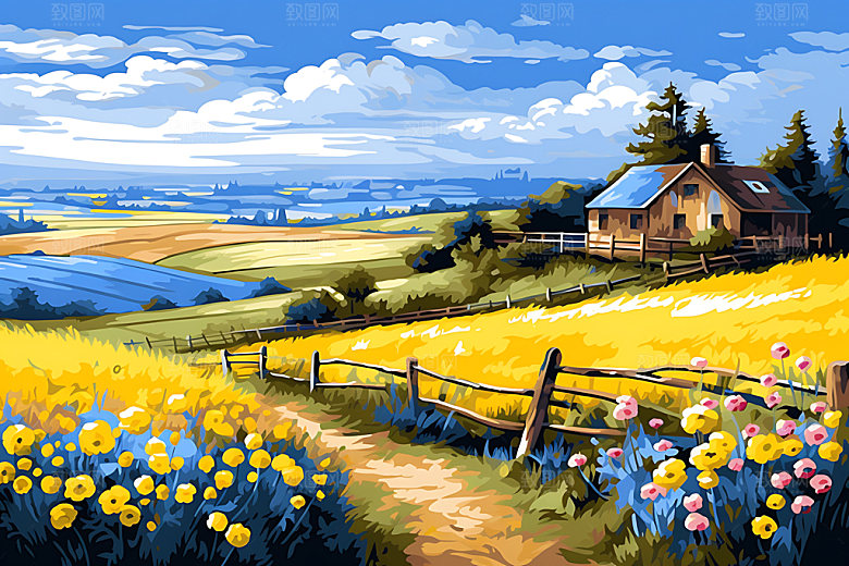 油画风夏天风光风景插画