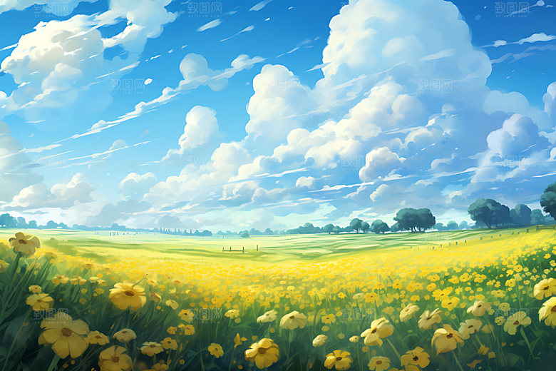 油画风夏天风光风景插画