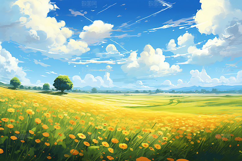 油画风夏天花海风景插画
