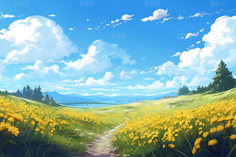 油画风夏天原野风景插画