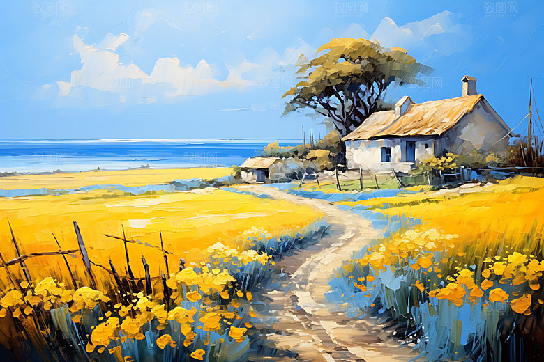 油画风夏天风光原野插画