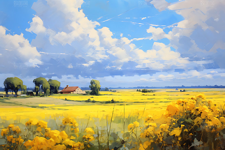 油画风夏天清新风景插画