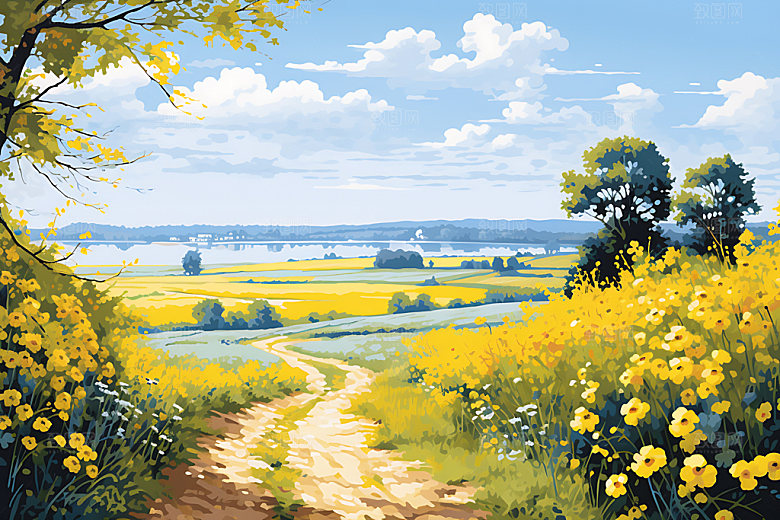 油画风夏天清新花海插画
