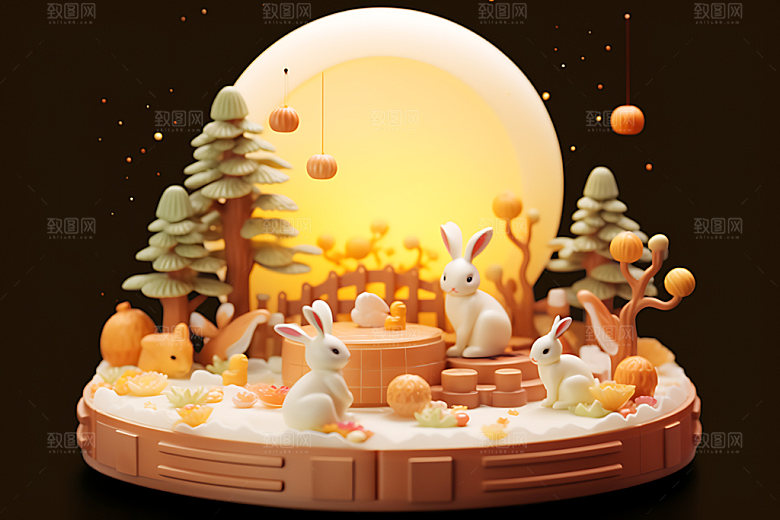 中秋场景可爱立体模型