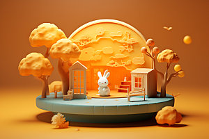 中秋场景可爱玉兔的家模型