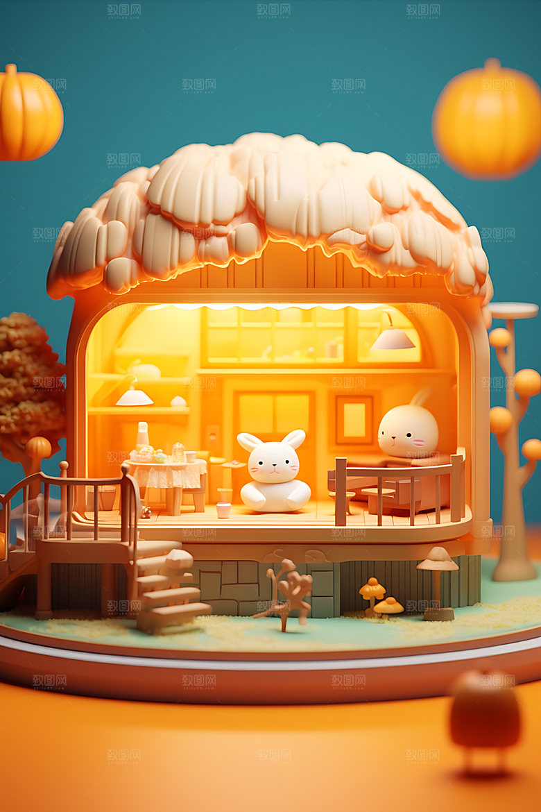 中秋场景3D玉兔的家模型