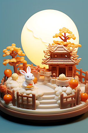 中秋场景3D玉兔的家模型