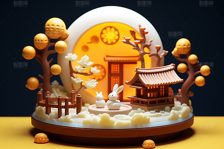 中秋场景可爱立体模型