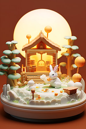 中秋场景玉兔的家精致模型