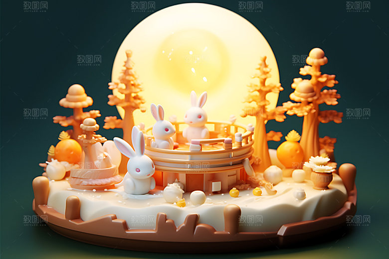 中秋场景3D玉兔的家模型