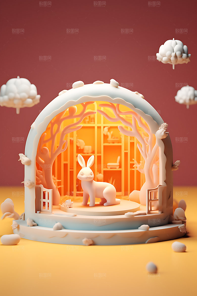 中秋场景玉兔的家小巧模型