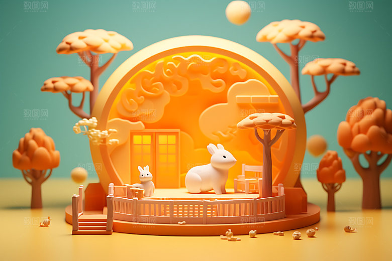 中秋场景3D玉兔的家模型