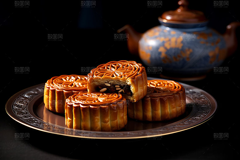 月饼广式月饼甜点摄影图