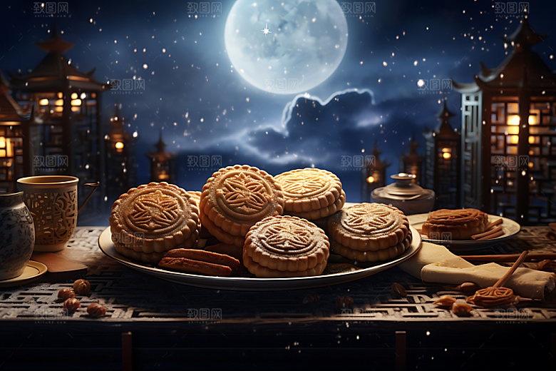中秋月饼传统美食节日特色效果图