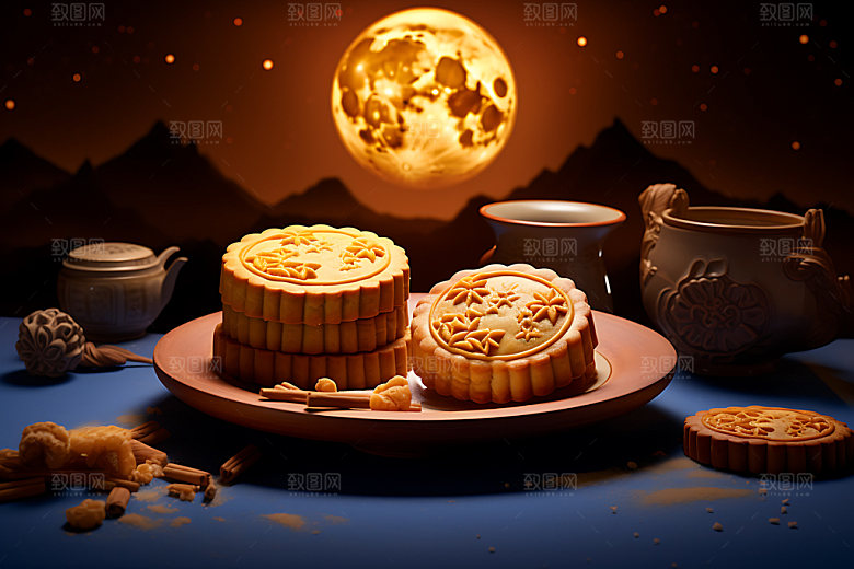 中秋月饼传统美食模型效果图