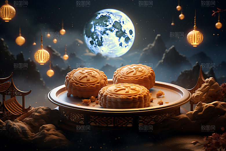 中秋月饼传统美食甜点效果图