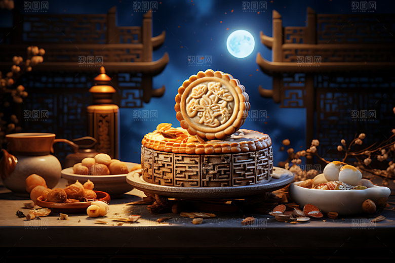 中秋月饼甜点传统美食效果图