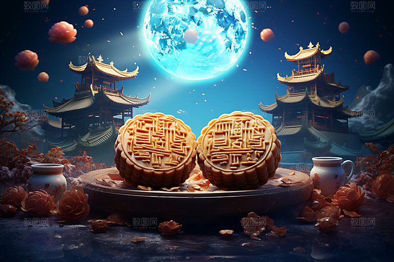 中秋月饼节日特色模型效果图