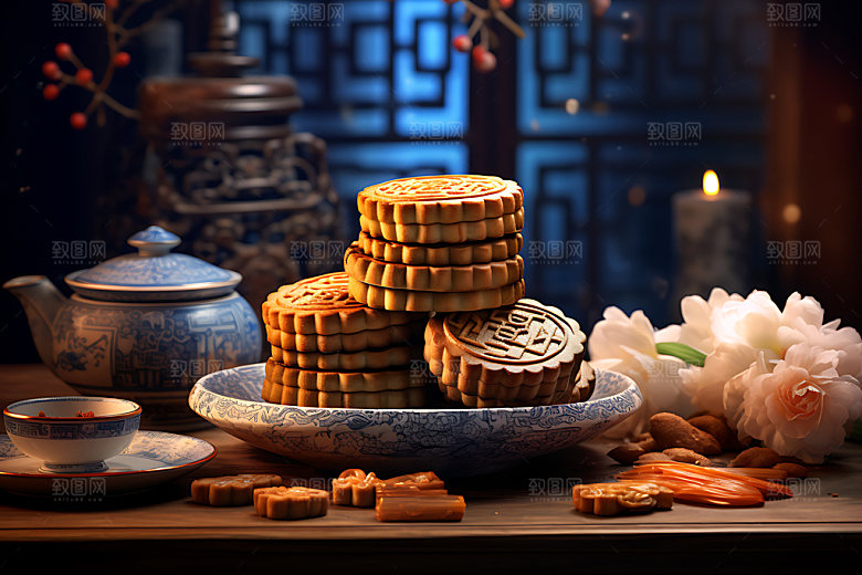 中秋月饼传统美食点心效果图
